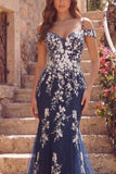 Navy Mermaid Cold Shoulder Long Prom Dress with Appliques