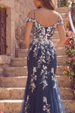 Navy Mermaid Cold Shoulder Long Prom Dress with Appliques