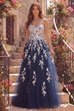 Sweetheart Floral Navy Tulle A Line Long Prom Dress