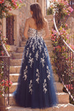 Sweetheart Floral Navy Tulle A Line Long Prom Dress