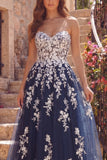 Sweetheart Floral Navy Tulle A Line Long Prom Dress