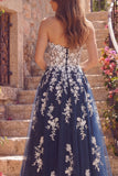 Sweetheart Floral Navy Tulle A Line Long Prom Dress
