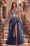 Navy A Line Floral V-Neck Long Prom Dress with Slit