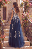 Navy A Line Floral V-Neck Long Prom Dress with Slit