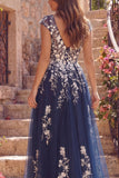 Navy A Line Floral V-Neck Long Prom Dress with Slit
