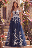 Off The Shoulder Navy A Line Prom Dress with Appliques