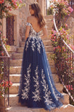 Off The Shoulder Navy A Line Prom Dress with Appliques