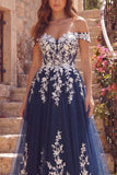 Off The Shoulder Navy A Line Prom Dress with Appliques