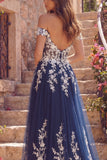 Off The Shoulder Navy A Line Prom Dress with Appliques