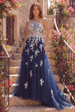 One Shoulder A Line Navy Long Prom Dress with Appliques