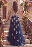 One Shoulder A Line Navy Long Prom Dress with Appliques