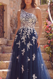 One Shoulder A Line Navy Long Prom Dress with Appliques
