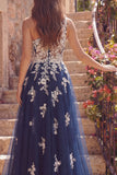 One Shoulder A Line Navy Long Prom Dress with Appliques