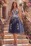 Navy Floral Spaghetti Straps A Line Midi Prom Dress with Slit