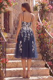 Navy Floral Spaghetti Straps A Line Midi Prom Dress with Slit
