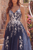 Navy Floral Spaghetti Straps A Line Midi Prom Dress with Slit
