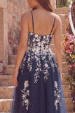 Navy Floral Spaghetti Straps A Line Midi Prom Dress with Slit