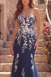 Mermaid Navy Sweetheart Prom Dress with Appliques