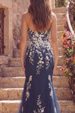 Mermaid Navy Sweetheart Prom Dress with Appliques