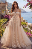 Off The Shoulder Champagne A Line Corset Long Prom Dress with Appliques