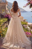 Off The Shoulder Champagne A Line Corset Long Prom Dress with Appliques