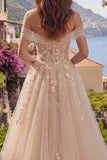 Off The Shoulder Champagne A Line Corset Long Prom Dress with Appliques