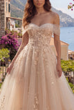 Off The Shoulder Champagne A Line Corset Long Prom Dress with Appliques