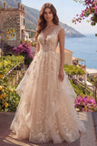 Champagne V-Neck A Line Appliqued Prom Dress with Ruffles