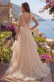 Champagne V-Neck A Line Appliqued Prom Dress with Ruffles