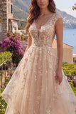 Champagne V-Neck A Line Appliqued Prom Dress with Ruffles