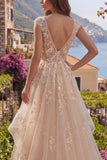 Champagne V-Neck A Line Appliqued Prom Dress with Ruffles