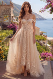 Off The Shoulder Corset Champagne A Line Prom Dress with Appliques