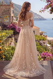 Off The Shoulder Corset Champagne A Line Prom Dress with Appliques
