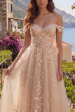 Off The Shoulder Corset Champagne A Line Prom Dress with Appliques