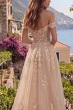 Off The Shoulder Corset Champagne A Line Prom Dress with Appliques