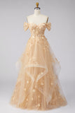 Ruffled Off The Shoulder Appliqued Corset Champagne A Line Prom Dress