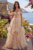 Ruffled Off The Shoulder Appliqued Corset Champagne A Line Prom Dress
