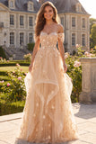 Ruffled Off The Shoulder Appliqued Corset Champagne A Line Prom Dress