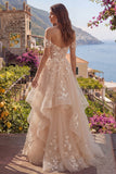 Ruffled Off The Shoulder Appliqued Corset Champagne A Line Prom Dress