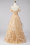 Ruffled Off The Shoulder Appliqued Corset Champagne A Line Prom Dress