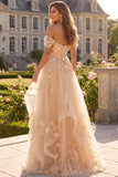 Ruffled Off The Shoulder Appliqued Corset Champagne A Line Prom Dress