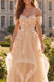 Ruffled Off The Shoulder Appliqued Corset Champagne A Line Prom Dress