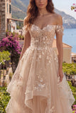 Ruffled Off The Shoulder Appliqued Corset Champagne A Line Prom Dress