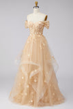 Ruffled Off The Shoulder Appliqued Corset Champagne A Line Prom Dress
