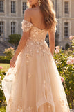 Ruffled Off The Shoulder Appliqued Corset Champagne A Line Prom Dress