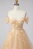 Ruffled Off The Shoulder Appliqued Corset Champagne A Line Prom Dress