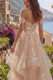 Ruffled Off The Shoulder Appliqued Corset Champagne A Line Prom Dress