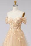 Ruffled Off The Shoulder Appliqued Corset Champagne A Line Prom Dress