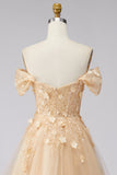 Ruffled Off The Shoulder Appliqued Corset Champagne A Line Prom Dress
