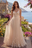Champagne Spaghetti Straps A Line Long Prom Dress with Appliques